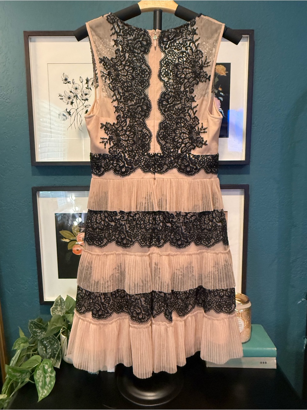 BCBGMAXAZRIA Blush Pink Pleated tulle Dress with Black Lace Trim - Picture 2 of 6